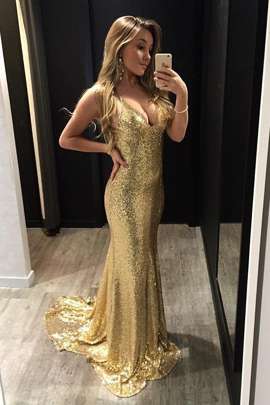 Sparkly Sequins Spaghetti Straps Backless Gold Mermaid Prom Dress DTP717 DressTok.co.uk Sparkly Sequins Spaghetti Straps Backless Gold Mermaid Prom Dress DTP717 DressTok.co.uk