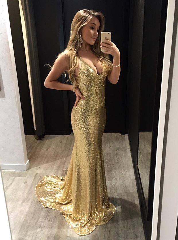 Sparkly Sequins Spaghetti Straps Backless Gold Mermaid Prom Dress