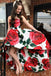 sweetheart high low red rose floral print strapless prom dress dtp719
