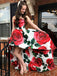 Sweetheart High Low Red Rose Floral Print Strapless Prom Dress