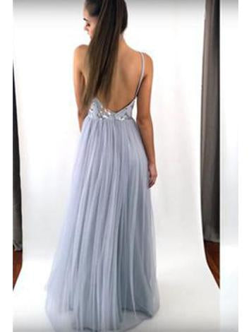 spaghetti straps tulle long graduation dress sexy backless prom dress dtp183