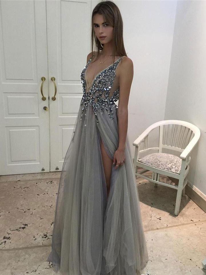 plunging neckline long prom dress sequins sexy slit backless evening dress dtp187