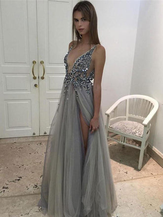 plunging neckline long prom dress sequins sexy slit backless evening dress dtp187