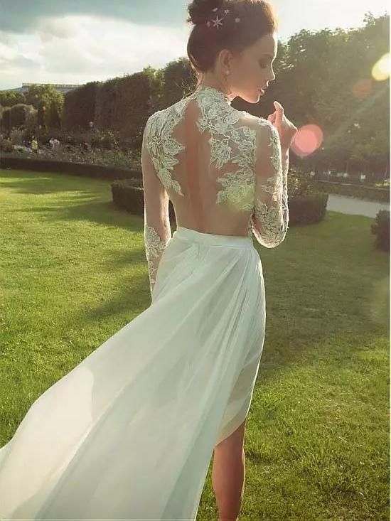 gorgeous lace long sleeve high neck chiffon wedding dress with slit dtw115