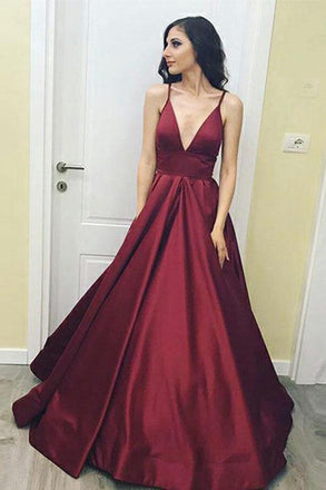 a-line deep v-neck satin burgundy long prom dress with pockets dtp720
