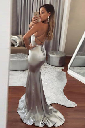 Silver Backless Formal Prom Dresses, Sequins Mermaid Halter Evening Dress