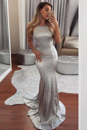 sequins mermaid halter evening dress silver backless formal prom dresses dtp723