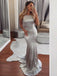 Silver Backless Formal Prom Dresses, Sequins Mermaid Halter Evening Dress