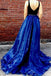 A-Line V-Neck Beading Waist Dark Blue Organza Prom Dress With Slit