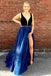 a-line v-neck beading waist dark blue organza prom dress with slit dtp727