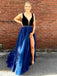 A-Line V-Neck Beading Waist Dark Blue Organza Prom Dress With Slit