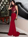 High Neck Mermaid Prom Dress, Open Back Dark Red Lace Evening Dress