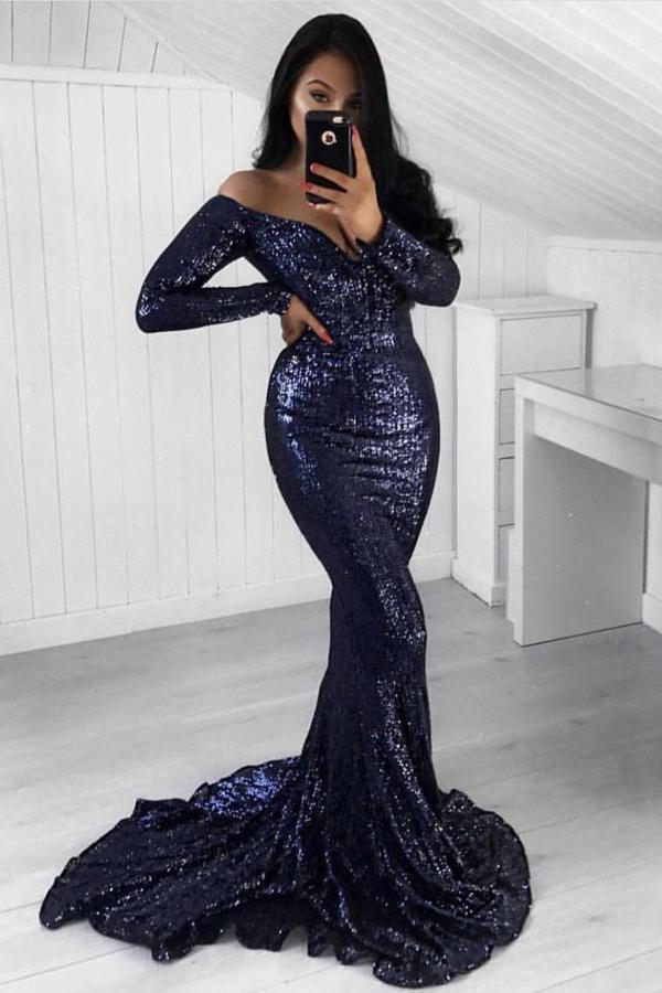 prom dress mermaid off-the-shoulder long sleeves sequined evening gown dtp725