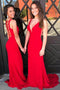 Elastic Satin Sheath Scoop Red Prom Dress with Beading Back