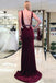Sheath Backless Prom Dresses, V-Neck Burgundy Beading Formal Evening Dress