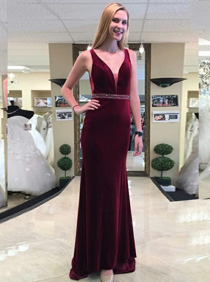 Sheath Backless Prom Dresses, V-Neck Burgundy Beading Formal Evening Dress