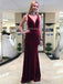 Sheath Backless Prom Dresses, V-Neck Burgundy Beading Formal Evening Dress