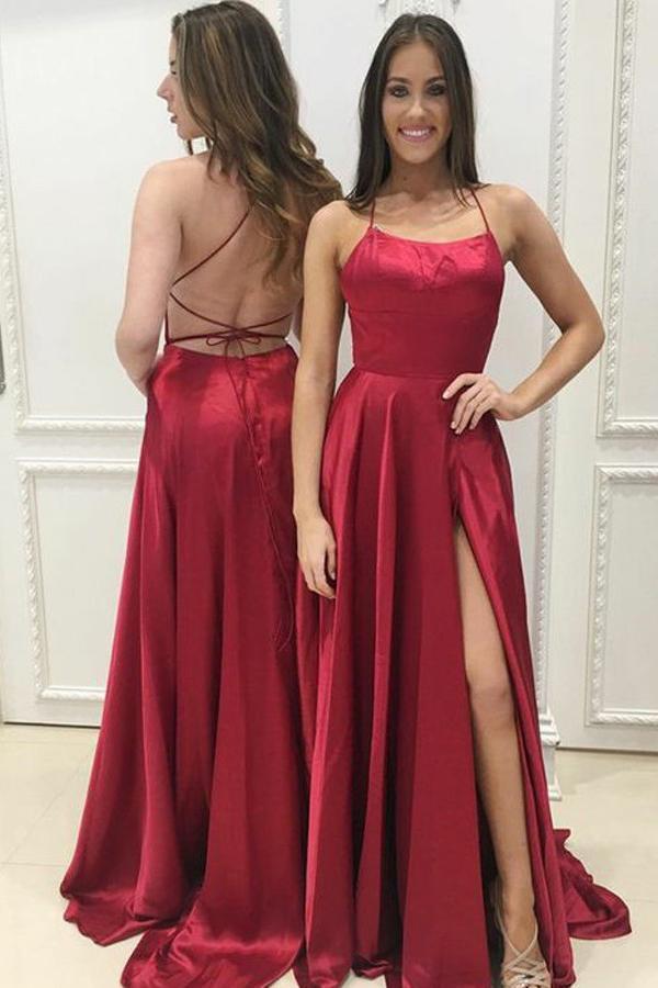 a-line halter red evening dress with slit sexy backless long prom dress dtp730