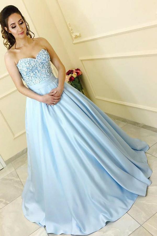 a-line sweetheart light blue ball gown prom dress with appliques dtp731