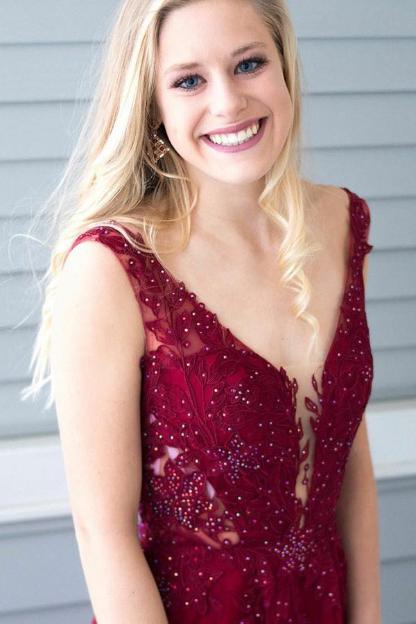 Burgundy Long Prom Dress Appliques Beading A-Line V-Neck With Slit