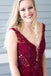 Burgundy Long Prom Dress Appliques Beading A-Line V-Neck With Slit