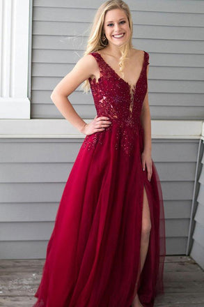 burgundy long prom dress appliques beading a-line v-neck with slit dtp739
