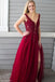 burgundy long prom dress appliques beading a-line v-neck with slit dtp739