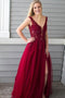 Burgundy Long Prom Dress Appliques Beading A-Line V-Neck With Slit