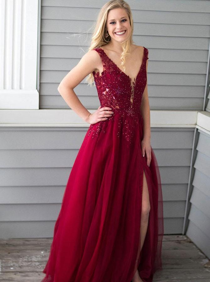 Burgundy Long Prom Dress Appliques Beading A-Line V-Neck With Slit