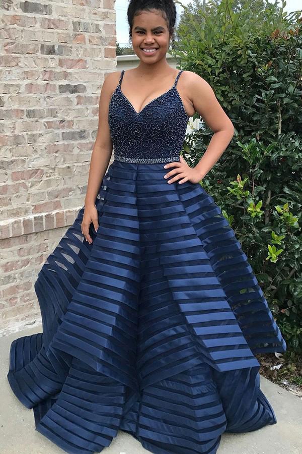 spaghetti straps royal blue striped plus size prom dress with beading dtp715