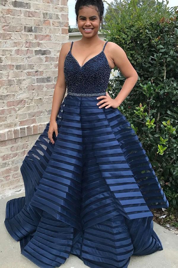 Spaghetti Straps Royal Blue Striped Plus Size Prom Dress with Beading DTP715 DressTok.co.uk Spaghetti Straps Royal Blue Striped Plus Size Prom Dress with Beading DTP715 DressTok.co.uk