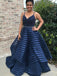 Spaghetti Straps Royal Blue Striped Plus Size Prom Dress with Beading
