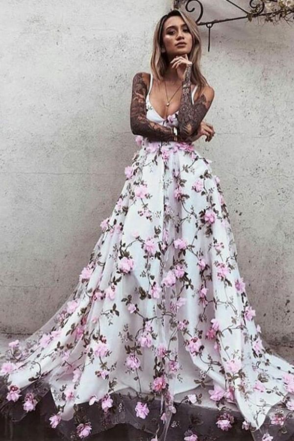 Stunning A-Line V-Neck Long Prom Dresses with Pink Flowers