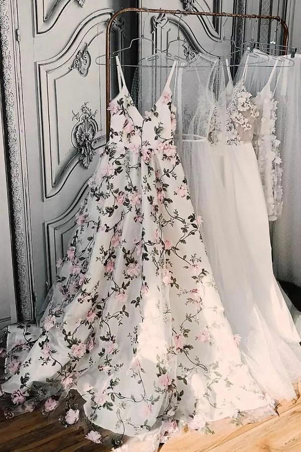 Stunning A-Line V-Neck Long Prom Dresses with Pink Flowers