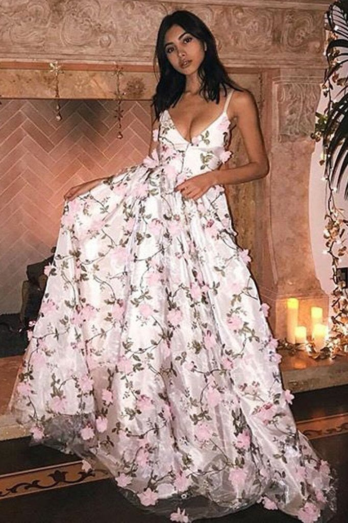 Stunning A-Line V-Neck Long Prom Dresses with Pink Flowers