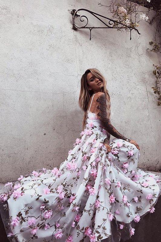stunning a-line v-neck long prom dresses with pink flowers dtp714