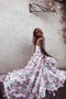 Stunning A-Line V-Neck Long Prom Dresses with Pink Flowers