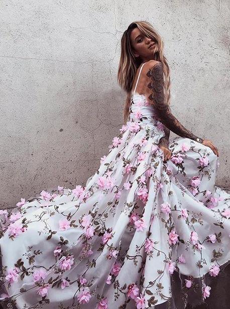 Stunning A-Line V-Neck Long Prom Dresses with Pink Flowers
