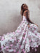 Stunning A-Line V-Neck Long Prom Dresses with Pink Flowers
