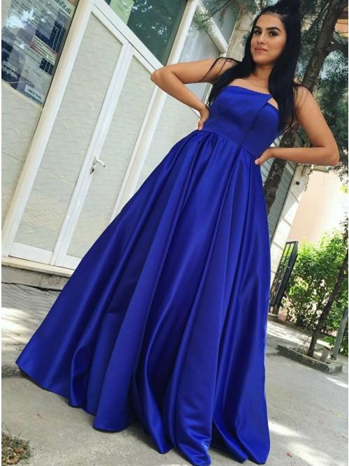 strapless royal blue satin long prom dress plus size formal gown dtp97