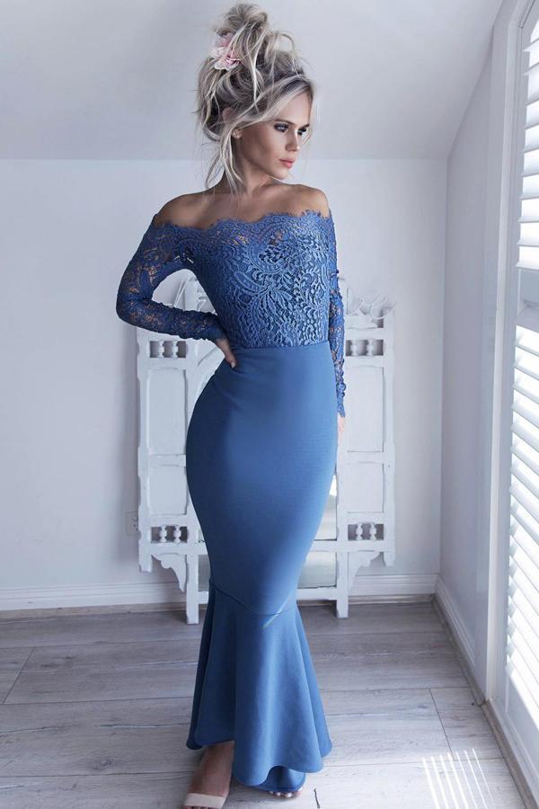 off-shoulder lace long sleeves blue mermaid bridesmaid dresses dtb89