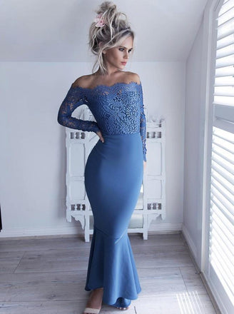 Off-Shoulder Lace Long Sleeves Blue Mermaid Bridesmaid Dresses