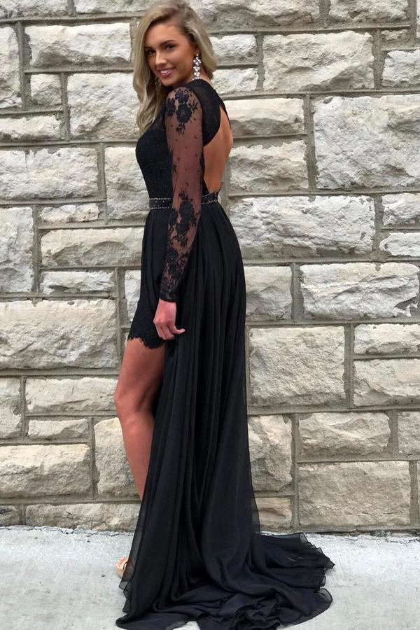 Black Prom Dresses A-Line Jewel Lace Long Sleeves Slit Evening Gown
