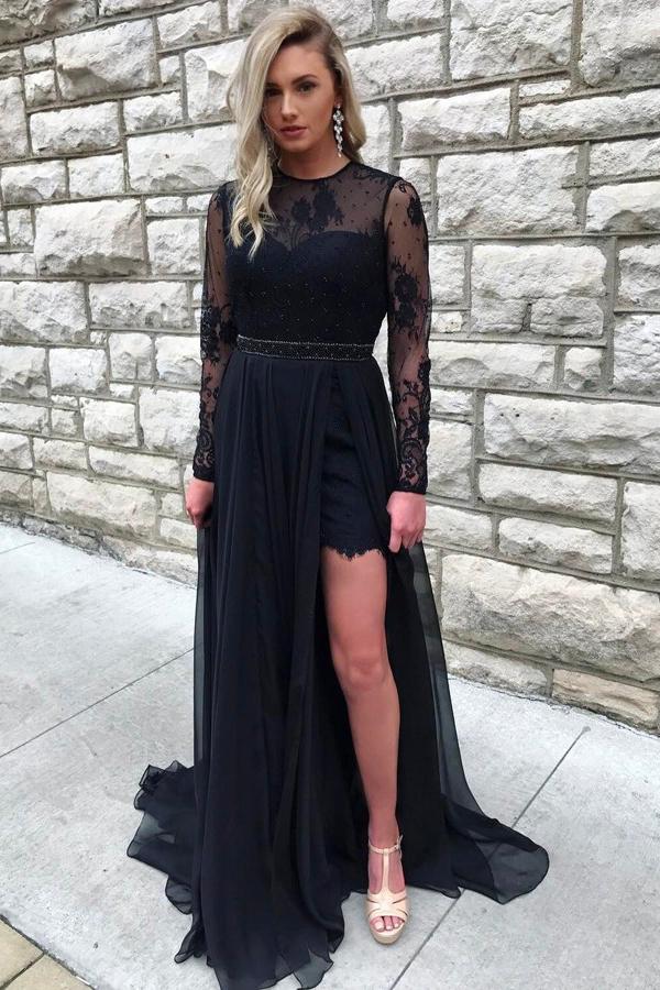 black prom dresses a-line jewel lace long sleeves slit evening gown dtp767