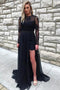 Black Prom Dresses A-Line Jewel Lace Long Sleeves Slit Evening Gown