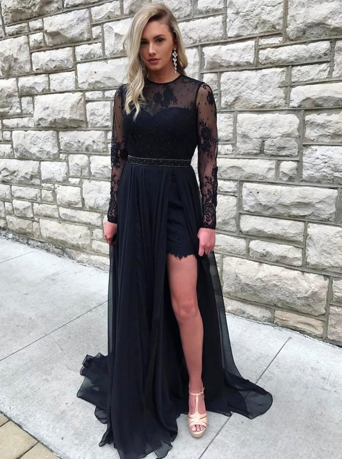 Black Prom Dresses A-Line Jewel Lace Long Sleeves Slit Evening Gown