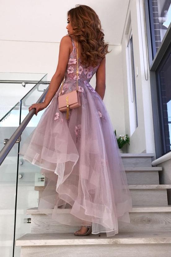 A-Line V-neck Hi-Lo Lilac Prom Dresses 8th Graduation Dress with Flowers