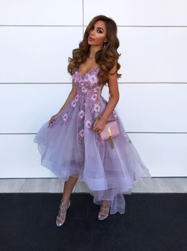 A-Line V-neck Hi-Lo Lilac Prom Dresses 8th Graduation Dress with Flowers DTP766 DressTok.co.uk A-Line V-neck Hi-Lo Lilac Prom Dresses 8th Graduation Dress with Flowers DTP766 DressTok.co.uk