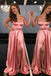Coral Long Prom Dress Spaghetti Straps Sexy Slit Formal Gown