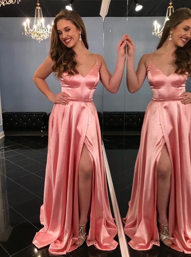 coral long prom dress spaghetti straps sexy slit formal gown dtp76